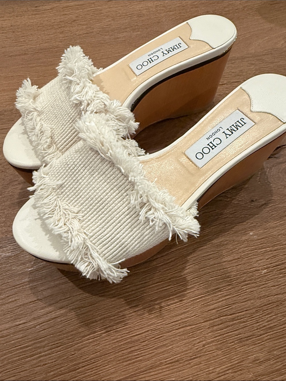 Jimmy Choo Leda 100 Frayed Canvas Wooden Wedge Mules / Platform Slides
